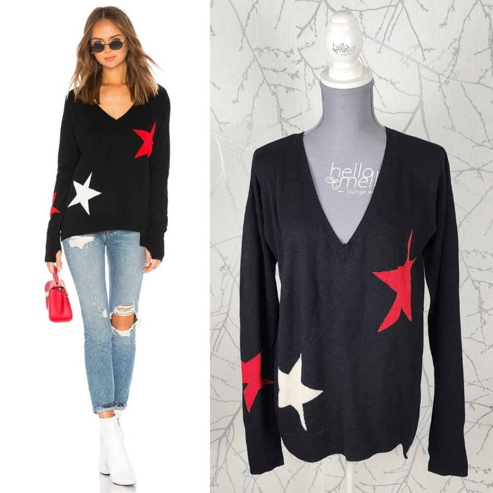 Pam & Gela Merino Wool Cashmere Blend Stars Print V-Neck Intarsia Sweater